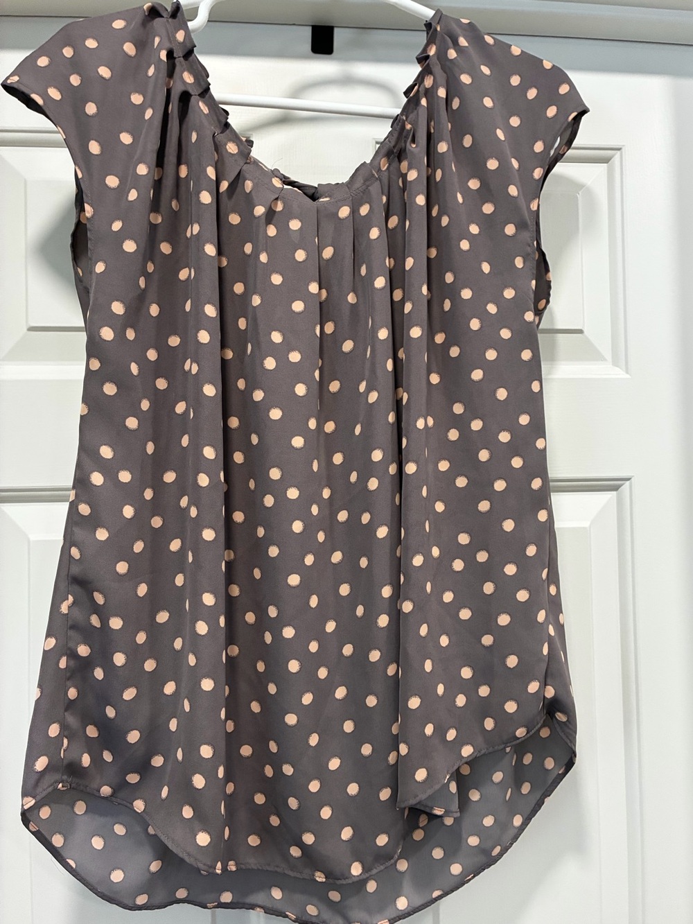Lauren Conrad Women's Taupe Polka Dot Cap-Sleeve Blouse with Blush Dot Detail